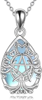 YFN Triple Moon Goddess Sterling Silver Pentagram Opal Turquoise Pendant Necklace Pagan Wiccan Magic Tree of Life Amulet Jewelry for Men Women 18"