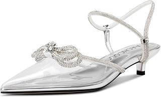 Aachcol Womens Close Toe Rhinestone Bow Kitten Heels Pointed Toe Low Heel Bow Pumps Adjustable Ankle Strap Bridal Prom Wedding Dress Shoes