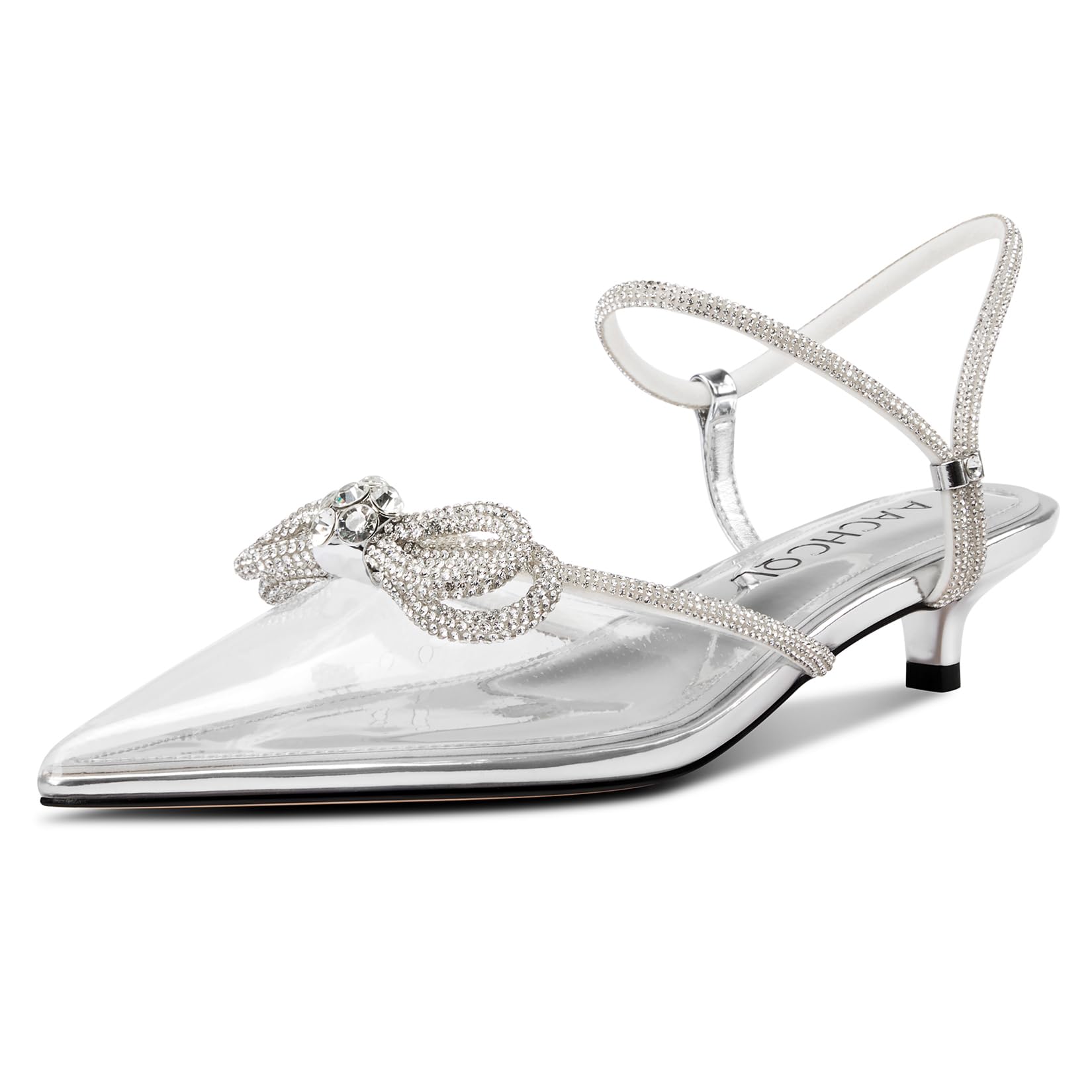 Aachcol Womens Close Toe Rhinestone Bow Kitten Heels Pointed Toe Low Heel Bow Pu