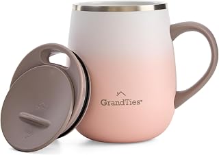 GRANDTIES Ceramic-Lined Insulated Coffee Mug with Sliding Lid, 16oz, Pink