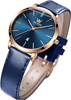 OLEVS Women Watches for Women Female Wrist Watch Leather Strap Waterproof Slim Minimalist Casual Simple Dress Quartz Analog Date Calendar, Navy Blue Dial & Rose Gold Bezel & Blue Band