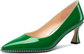 TNYNFBEB レディース キトンヒール ポインテッドトゥ パンプス スリップオン シルバー ビーズ プロム ウェディングドレス ベーシック クラシック パテントレザー 夏 2.6インチヒール, ディープグリーン, 9