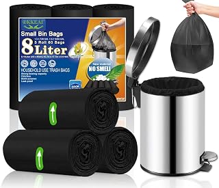 OKKEAI Bathroom Bin Bags 8L, Black Small Pedal Bin Liners, 60 Count