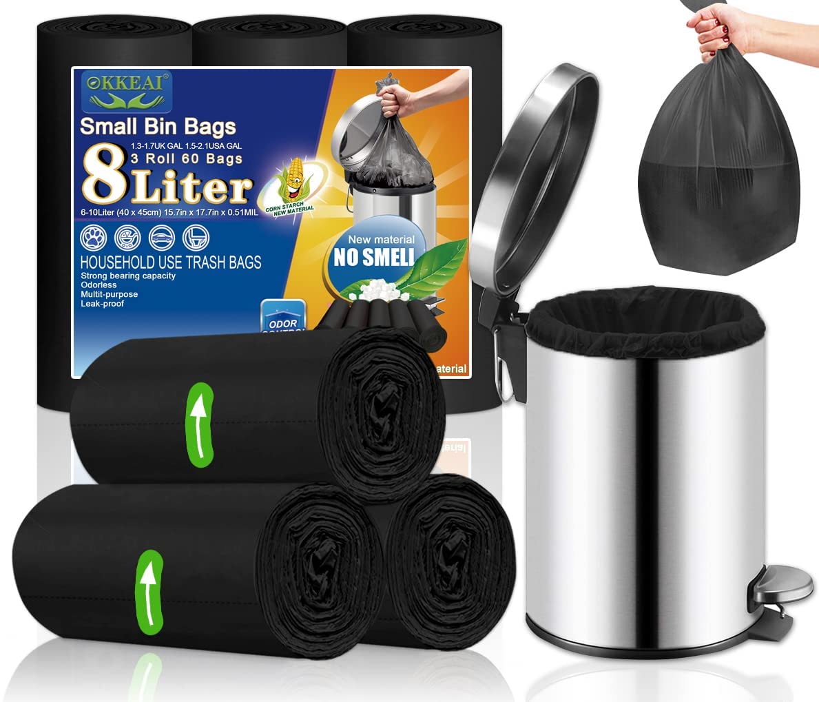 OKKEAI Bathroom Bin Bags 8L, Black Small Pedal Bin Liners, 60 Count