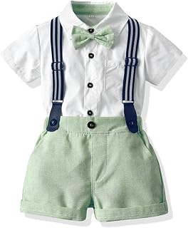 Volunboy Baby Boy Suit Set, Short Sleeve Bow Tie Shirt with Short Strap Romper