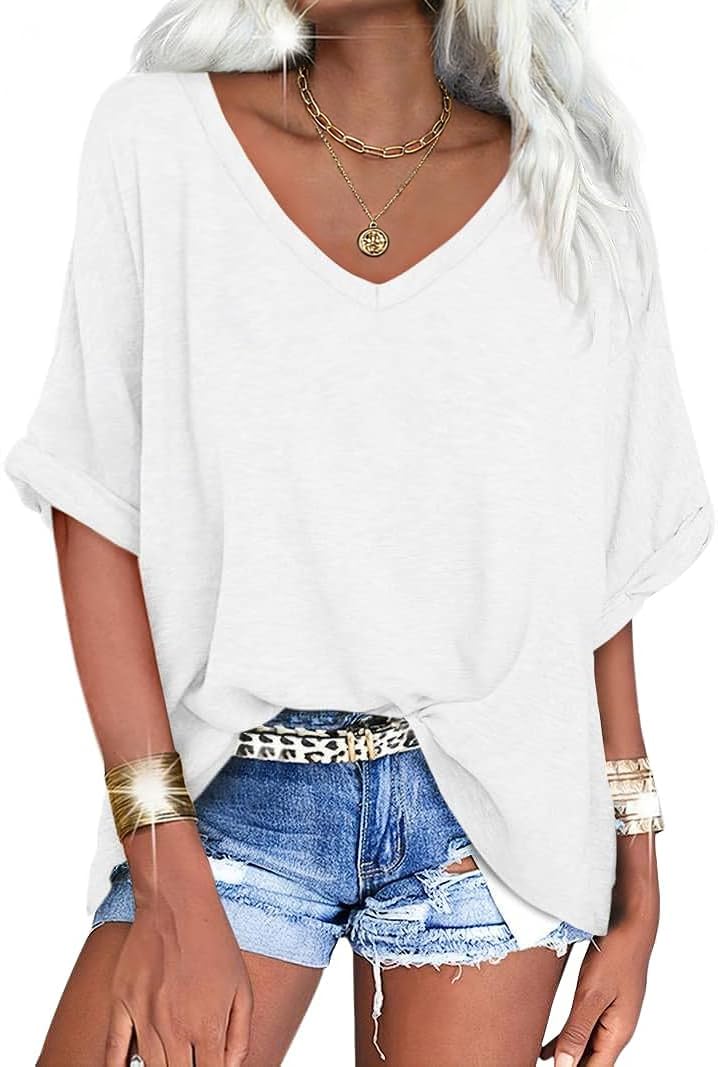 UNCLECAT Women's V Neck Oversized T-Shirts Summer Short Sleeve Shirts Loose Casu