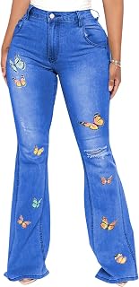 Women's Butterfly Bell Bottom Jeans Elastic High Waisted Embroidered Classic Flareed Jeans Raw Hem Denim Pants with Pocket