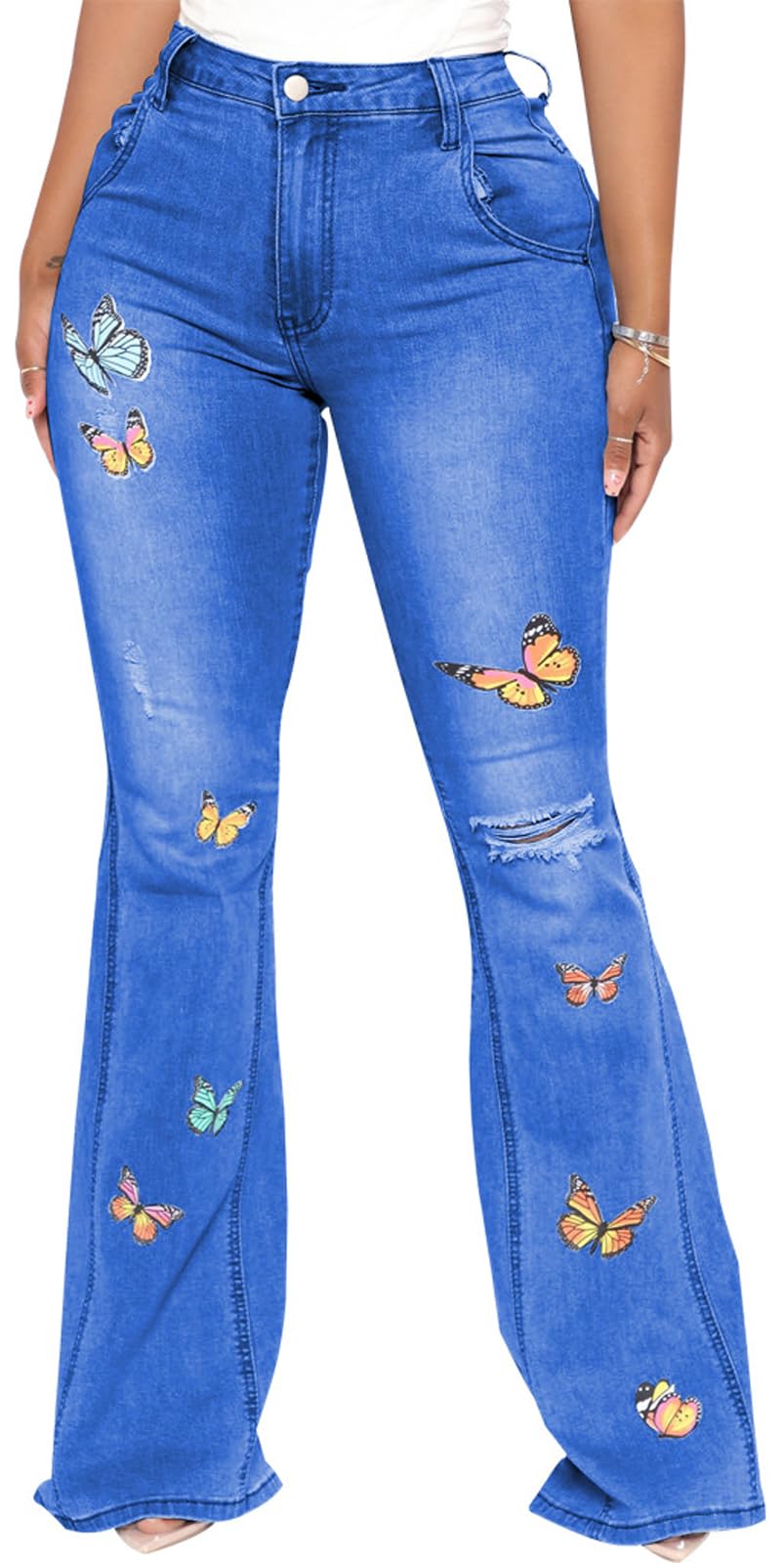 Women's Butterfly Bell Bottom Jeans Elastic High Waisted Embroidered Classic Fla