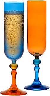 Krosno Coloured Champagne and Prosecco Glasses - 2 x 220ml - Bubble Collection - Orange and Blue - Lead Free Glass - Hand Painted