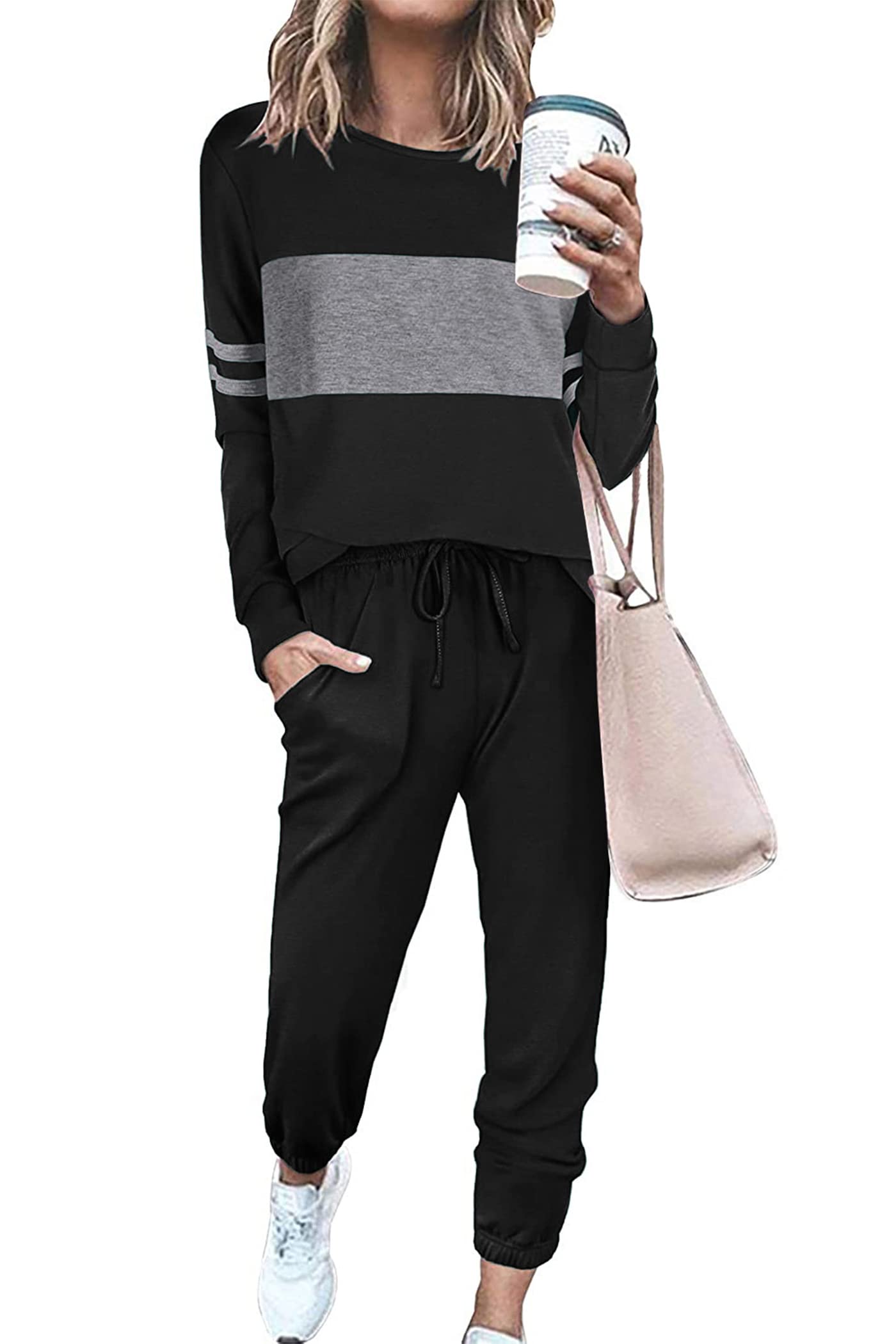 PRETTYGARDEN Women Color Block 2 Piece Sets Tracksuit | Long Sleeve Tops, Drawst