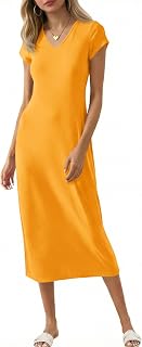 Wenrine Womens Short Sleeve T-Shirt Dress V Neck Summer Casual Midi Dresses