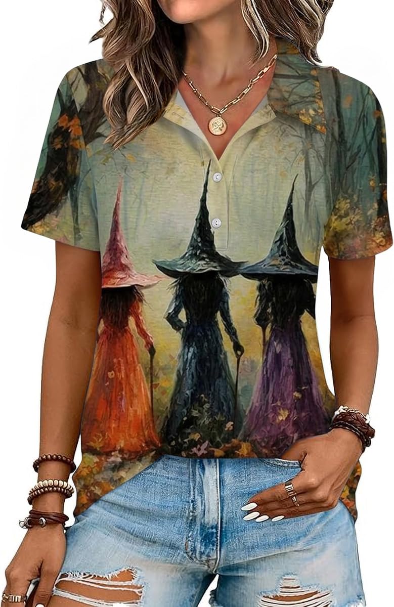 Women Fall Halloween Henley Tops V Neck Dressy Thanksgiving Blouses T-Shirt