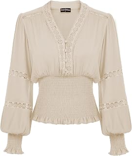 Scarlet Darkness Women's Renaissance V Neck Lantern Sleeve Lace Smocked Blouse Beige M