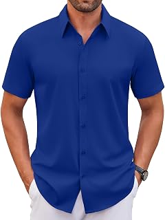 COOFANDY Camisas de vestir elásticas para hombre, de manga corta, sin arrugas, informales, con botones