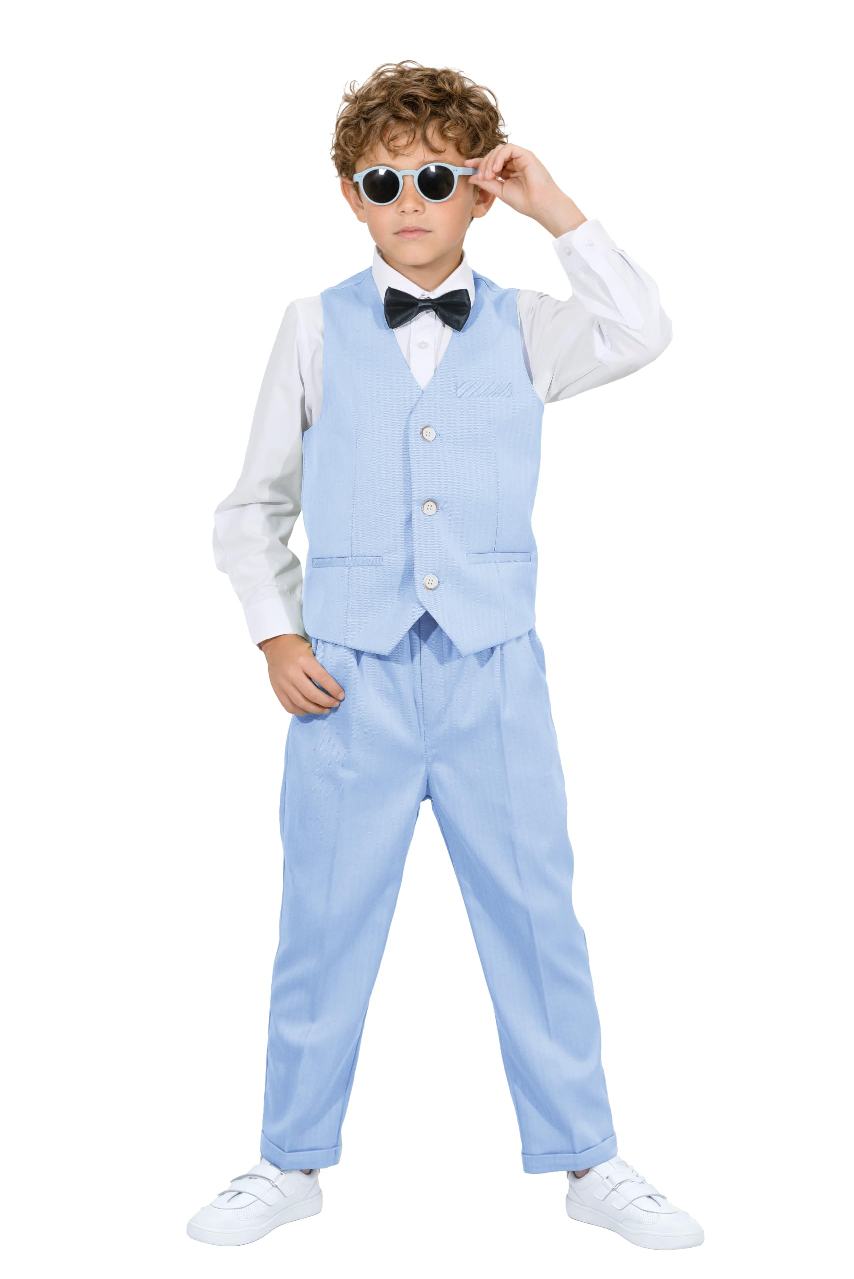 LOLANTA 4 Pieces Label Suit Boy Vest Set Boys Birthday Party Clothes Beige/Blue/