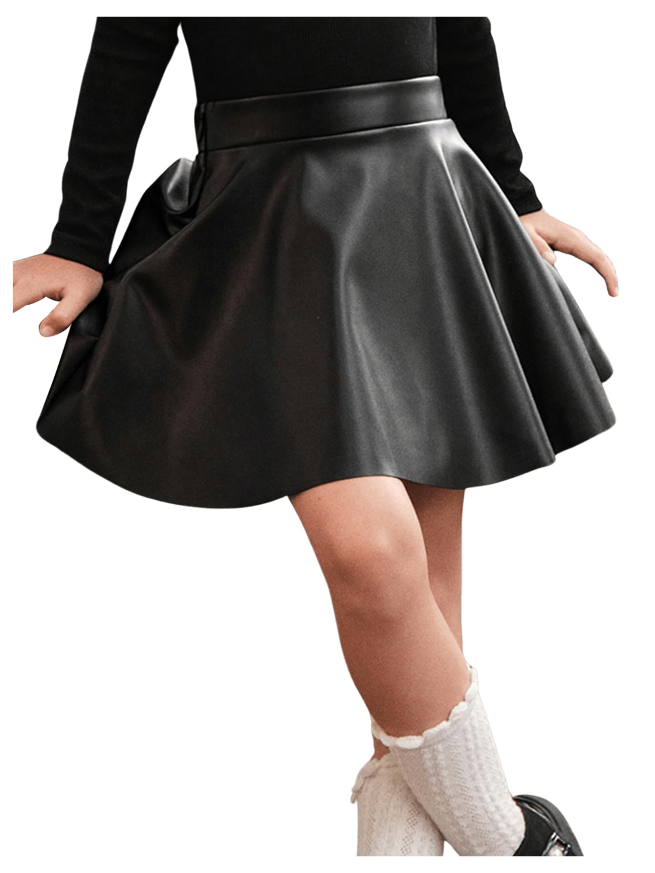 WDIRARA Toddler Girl's PU Leather Flared Mini Skirt High Waisted Skater A Line S