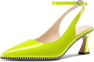 NobleOnly Womens Slingback Heels Beaded Pumps Ankle Strap Pointed Toe Kitten Heels Dress Shoes 2.6 Inches