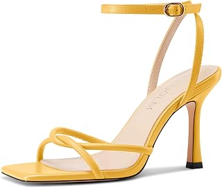 HDEUOLM Women's Stiletto High Heel Square Pointed Toe Sandals Ankle Strap Dance Party Dress 10 CM Heels