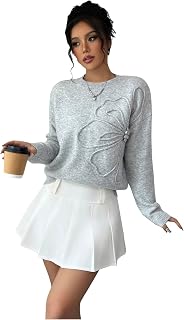 Women 3D Floral Appliques Long Sleeve Pullover Sweater Round Neck Sweater