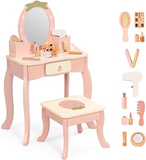 OOOK Toddler Vanity for 3 Year Old with 10pcs Pretend Makeup Accessories | FSC Safety, Kids Vanity and Makeup Table for Kids with Drawer, Pink Strawberry-Themed, Ideal Gift Choice for Girls Aged 3+