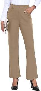 GRECERELLE Women's Casual Elegant Work Trousers Fabric Trousers Elastic Waist Pockets Button Down Trousers