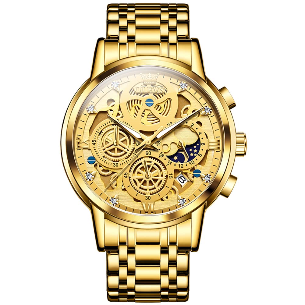 OLEVS Mens Stainless Steel Waterproof Luminous Skeleton Business Wrist Watch