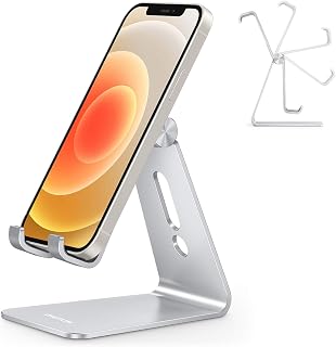 OMOTON Smartphone Stand, Tabletop, Adjustable Angle, Improves Stability, Aluminum Material, Handsfree, Mobile Phone Table Stand, Compatible with iPhone & Android Smartphones, Facetime, Home, Office,