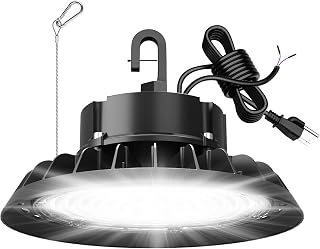 UFO LED High Bay Light 100W, 14,000LM, 1-10V Dimmable, Black, 6' US Plug, Hanging Hook, Safe Rope, ETL Listed, For Warehouse, Factory, Barn, Shop