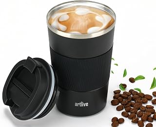 Artlive Coffee Cup, Reusable, Insulated & Double Wall Travel Mug - Travel Cup Thermal Stainless Steel Eco-Friendly with Lid - Hot & Cold Coffee Mug (BlackGrip, 380 ml)