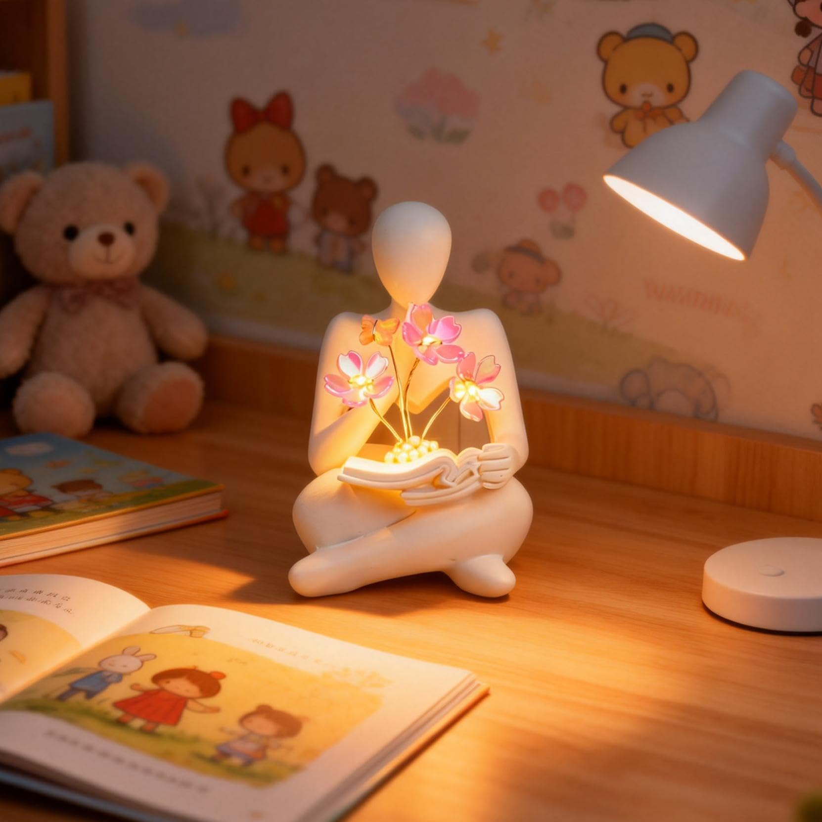 O-FarFarm Bookshelf Decor Thinker Statue with Blossom Lamp - Battery Powered Nig