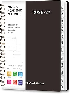 Planner 2026-2027, Agenda 2026-2027, Weekly & Monthly Academic Planner | JUL-JUN, Calendar Book, Day/Daily Scolaire, A5(21.6 x 16cm), Tabs, Spiral Binding, Inner Pocket, for School Office Supplies