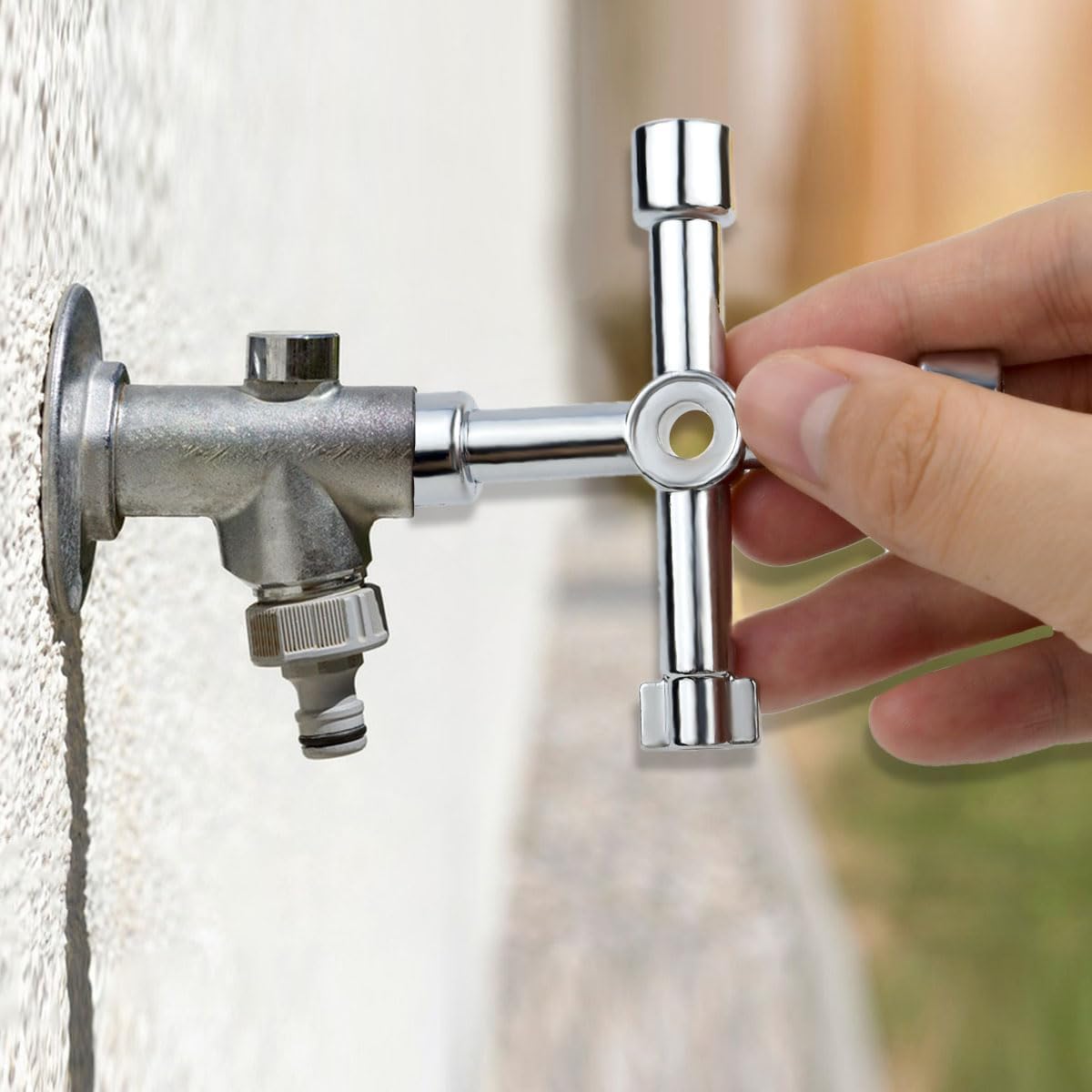 4-Way Sillcock Key, Heavy Duty Cross Style Square Wrench Tool for Outdoor Faucet