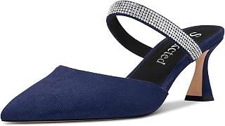 Saekcted Women's Chunky Block Medium Heel Pointed Toe Pumps Slip-on Diamante Crystal Casual Cute Slippers Fashion Shoes