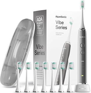 Aquasonic - Vibe Series Ultra-Whitening Electric Toothbrush | ADA Accepted Rechargeable Toothbrush with 8 Brush Heads & Travel Case, 40,000 VPM Motor, 4 Modes with Smart Timer