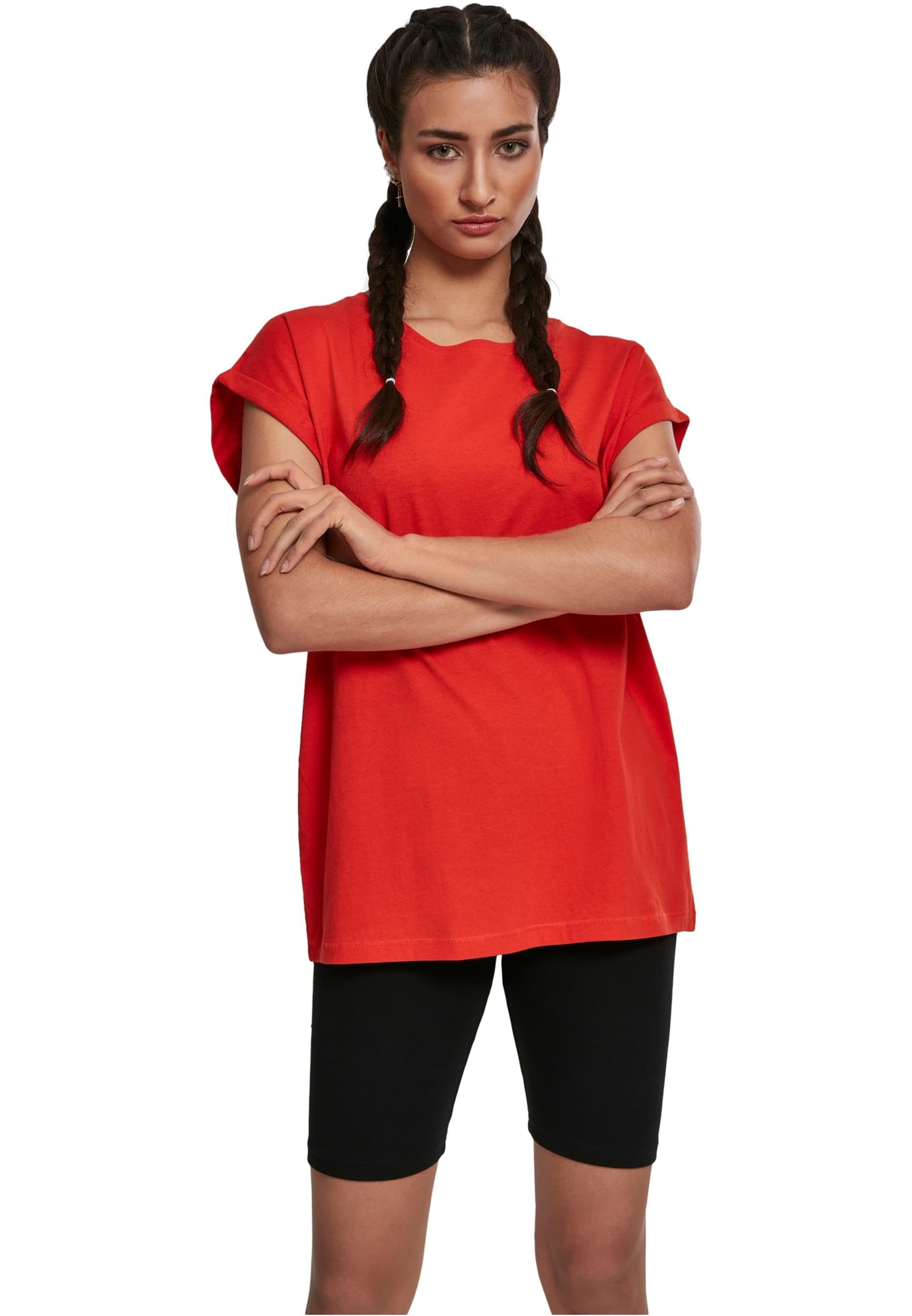 URBAN CLASSICS Women's Rolled Sleeve T-Shirt, Women's Short Sleeve Cotton T-Shir