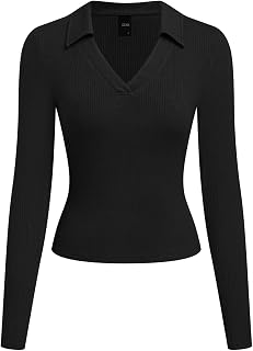 CIDER Fitted Long Sleeve Shirts for Women - V Neck Polo Shirts Business Casual Collared Work Tops Fitted Spring Fall Shirt