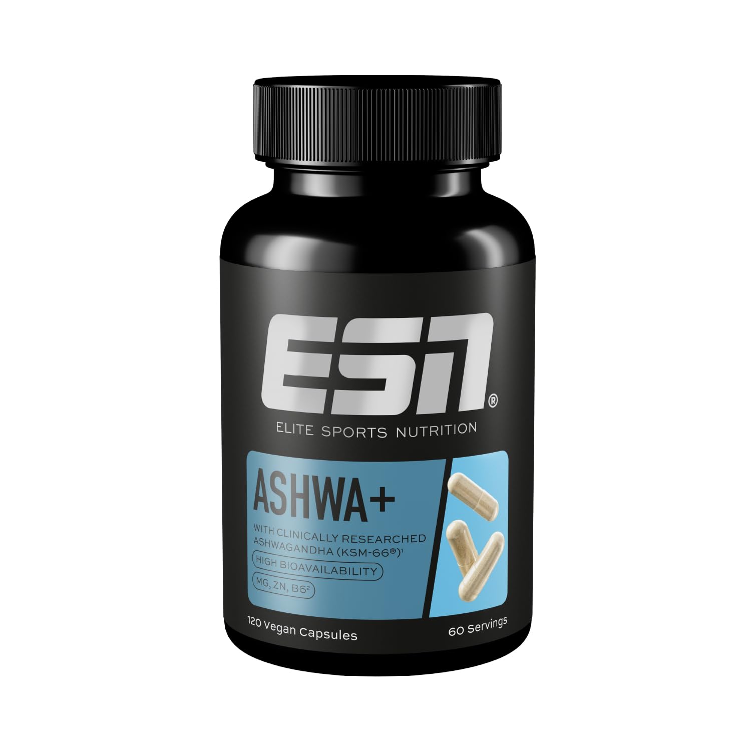 ESN Ashwa+, 120 Vegan Capsules, Non-GMO, 60 Servings, 2 Months Supply