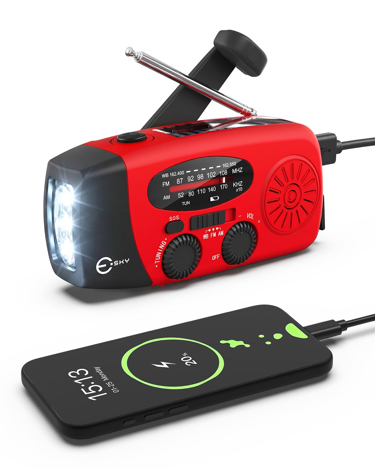 Esky Emergency Hand Crank Radio 7400mWh with 3 LED Flashlight, AM/FM/NOAA Portab