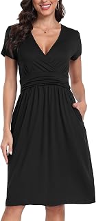 PCEAIIH Women's Summer V-Neck Midi Sundress Short Sleeve Pockets
