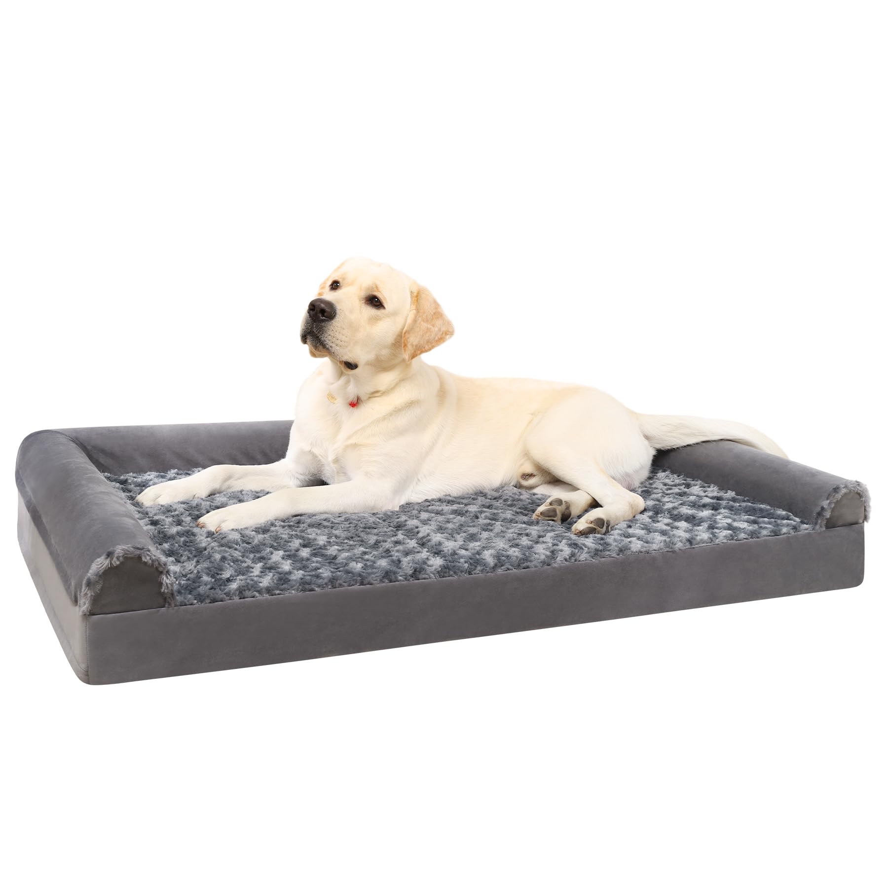 KSIIA Medium Orthopedic Dog Sofa Bed with U-Shape Bolster, Grey, 75x47x16cm