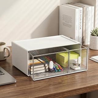Stackable Desk Organiser with 1 Shelf and 2 Drawers, White, Clear for Stationery, Makeup, Jewellery, Office and Crafts