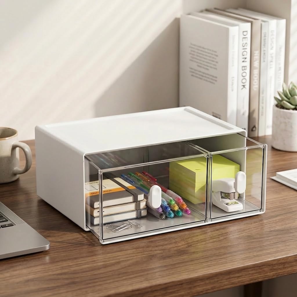 Stackable Desk Organiser with 1 Shelf and 2 Drawers, White, Clear for Stationery