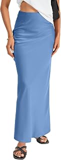 Vrtige Elegant Satin Skirt for Women High Waist Zipper Flowy A-line Maxi Skirt