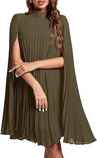 Rooscier Women's Mock Neck Cloak Sleeve Pleated Keyhole Back Flowy Party Midi Dress