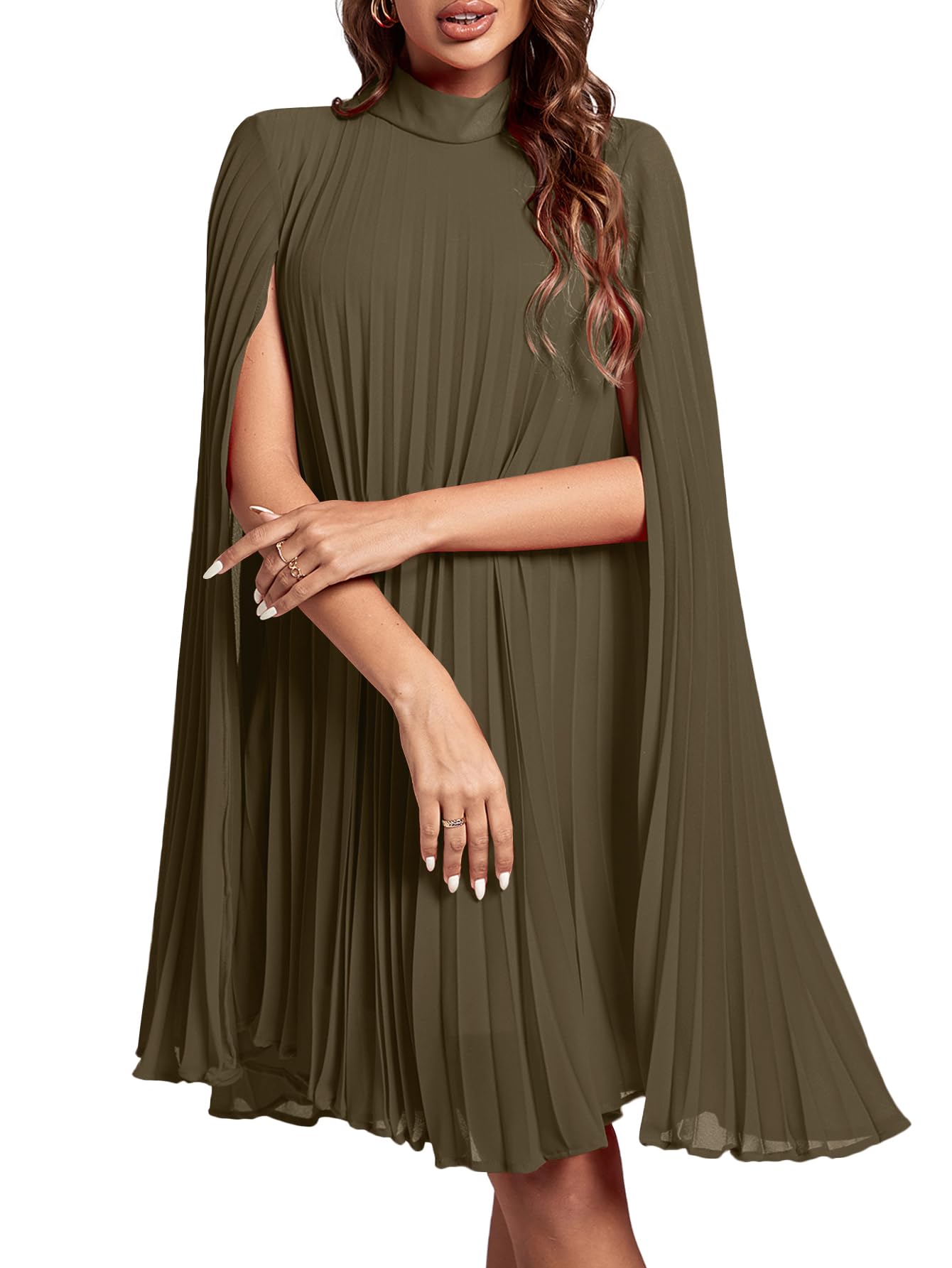 Rooscier Women's Mock Neck Cloak Sleeve Pleated Keyhole Back Flowy Party Midi Dr