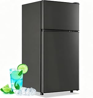 DEMULLER 45L Personal Double‑Door Mini Fridge With Freezer, Dark Gray | 2.4 Cu.ft, Tiny Size, 7‑Level Adjustable Thermostat, Small Refrigerator for Dorm, Bedroom, Office & Apt, Single‑Person Use