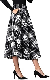 IDEALSANXUN Womens Plaid Wool Skirts Elastic Waist A-Line Pleated Tartan Long Skirts