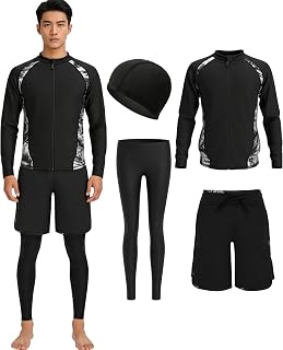 Men's Rash Guard Swimsuit Top and Bottom Set, Long Sleeve, 4-Piece Set, Men's Swim Cap, Leggings, Surf Pants, Fitness, UV Protection, UPF 50+, Hot Springs, Beach, Swimming, Competitions, Large
