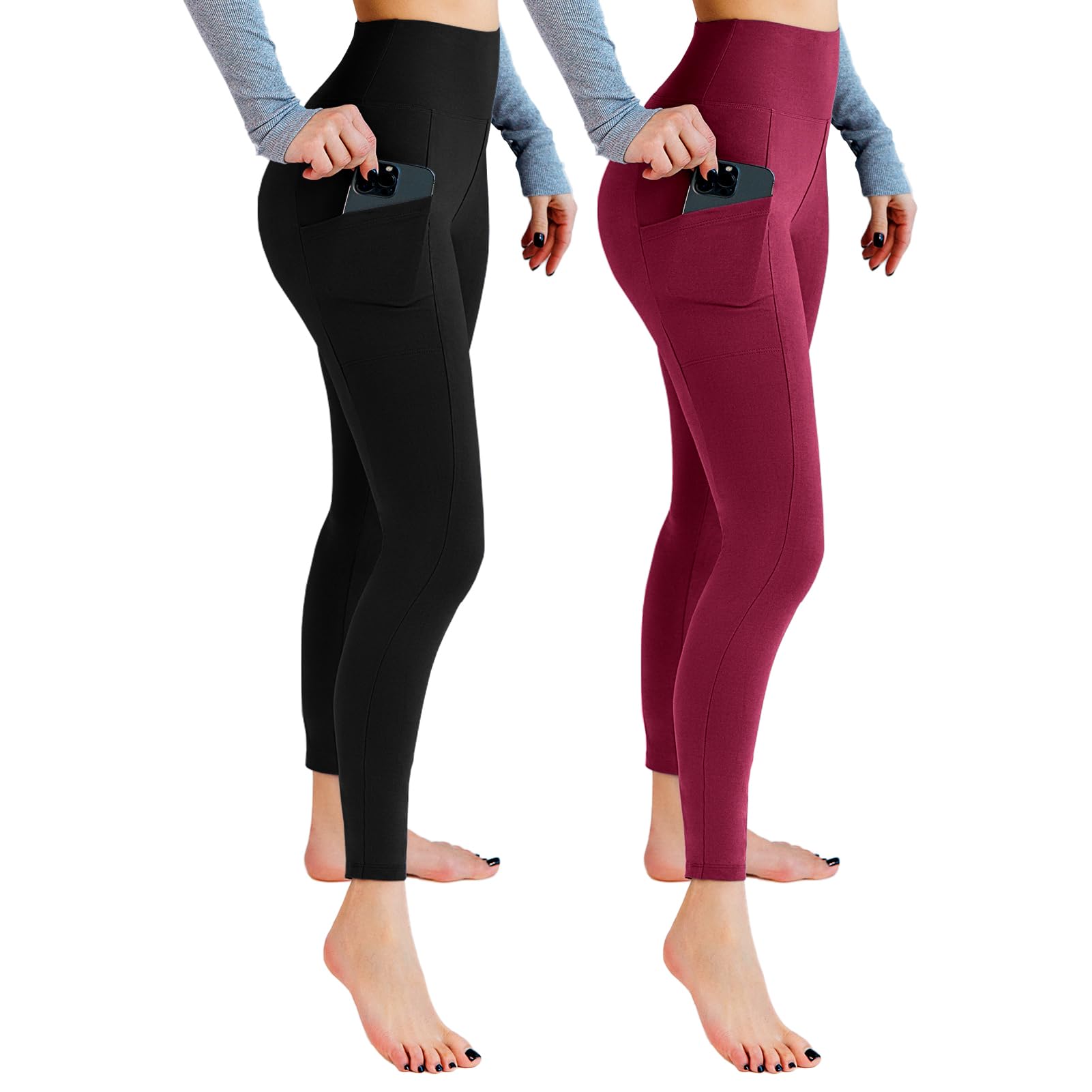 Leafigure 2 Pairs of Women's High-Waist Sports Leggings with Pockets, Opaque, fo