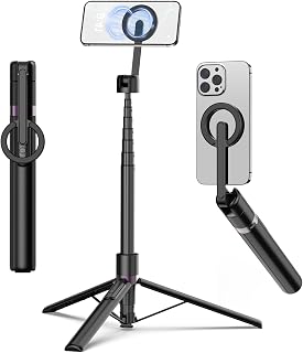 TONEOF 68" Magnetic Aluminum Phone Tripod Selfie Stick for iPhone & Android | Rechargeable Remote,360° Rotatable Foldable Cell Phone Stand Holder with Metal Ring,Travel Tripod for Magsafe (Black)